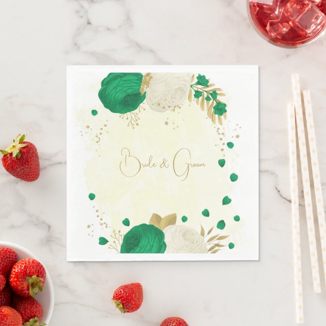 Romantische Smaragdgrün-weiße Blume Gold Serviette (Beispiel)