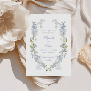 Romantische Soft-Blue-Vintage-Blumenhochzeit Save The Date