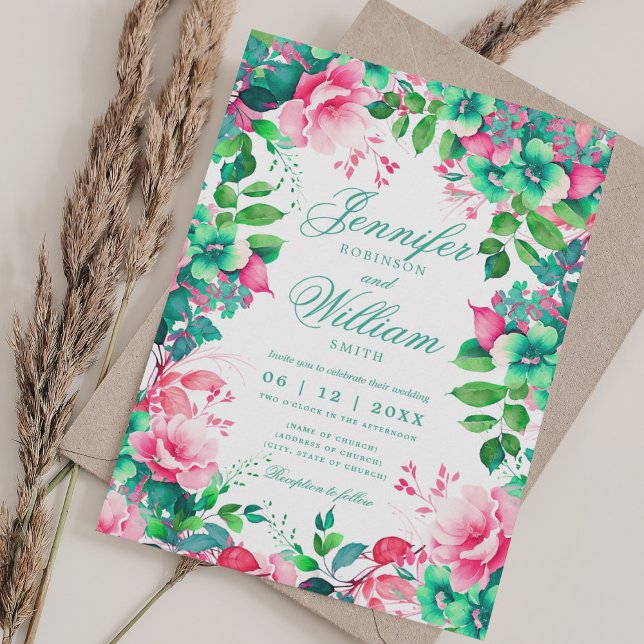 Romantische Sommermonate Hochzeitsfeier Einladung (Romantic Floral Spring Summer Elegant Wedding Invitation)