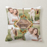 Romantische Sonnenblume Gold Weißes Paar Foto Coll Kissen<br><div class="desc">Dieser niedliche und romantische Eheresake ist perfekt für das frisch verheiratete Paar. Es verfügt über acht individuell gestaltete Bilderpaare-Collage mit rustikalem braunem Holz und ein Imitat bedruckte goldfarbene Textbox, umgeben von handbemalten goldengelben und waldgrünen Sonnenblumen und Blätter. Es ist ein Land, modern, elegant und trendig; das perfekte Design, um Ihre...</div>