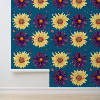 Romantische Sonnenblumen-Herz-Teal-Textur Tapete