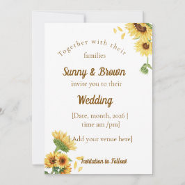 Romantische Sonnenblumen-Rustikale Gelbe Hochzeit Einladung