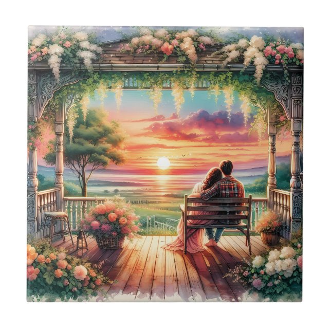 Romantische Sonnenuntergangs-Veranda-Illustration Fliese (Vorderseite)