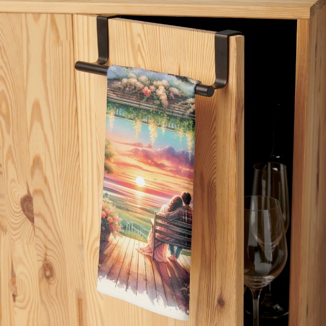 Romantische Sonnenuntergangs-Veranda-Illustration Geschirrtuch (Drittel gefaltet)