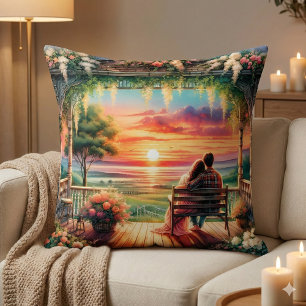 Romantische Sonnenuntergangs-Veranda-Illustration Kissen