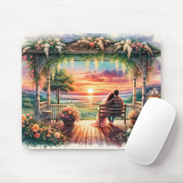 Romantische Sonnenuntergangs-Veranda-Illustration Mousepad (Mit Mouse)