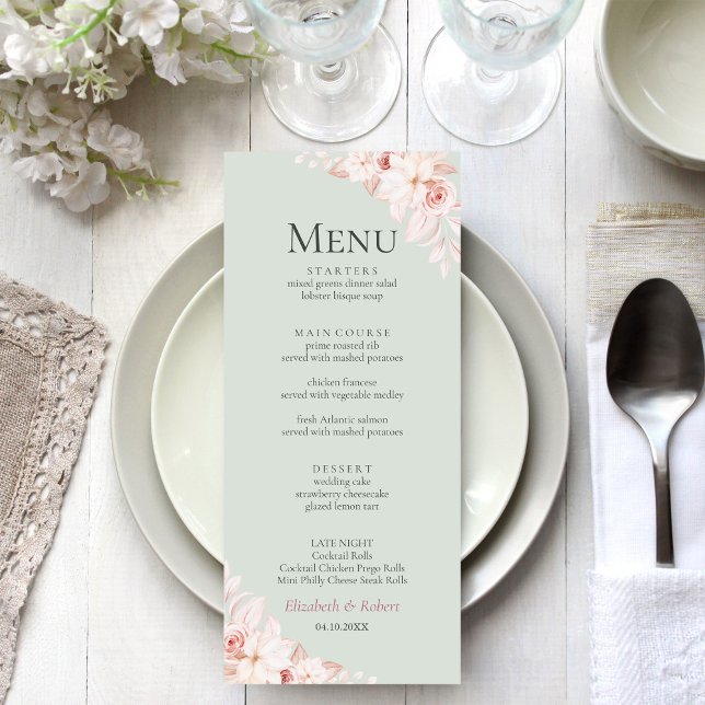 Romantische Speisekarte mit grünen und rosa Rosen Menükarte (Romantic Beige and Pink Roses Wedding Menu on an elegant wedding table with flowers)