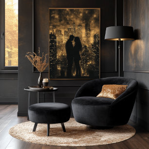 Romantische Stadtsilhouette Paar in goldenem Monoc Poster