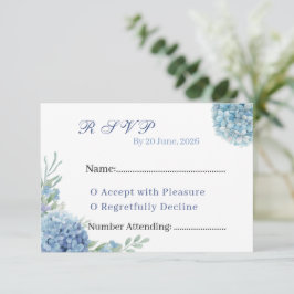 Romantische staubblaue Hortensien-Watercolor-Hochz RSVP Karte