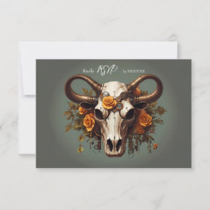 Romantische Steampunk-Bläserkuh-Schädelhochzeit RSVP Karte