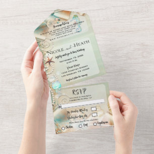 Romantische Strandfrüchte & Perlen Hochzeit All In One Einladung