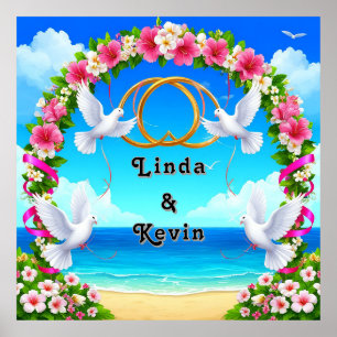 Romantische Strandszene mit Blumenbogen Poster