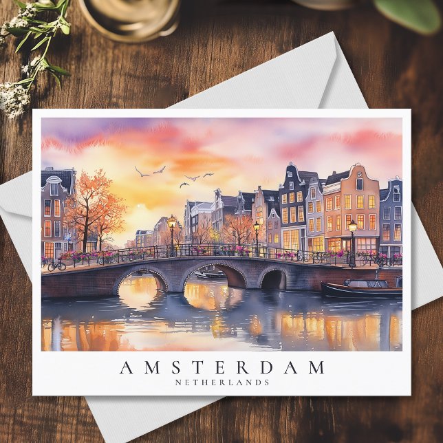 Romantische Sunset Amsterdam Canal Watercolor Reis Postkarte (Romantic Sunset Amsterdam Canal Watercolor Travel Postcard)