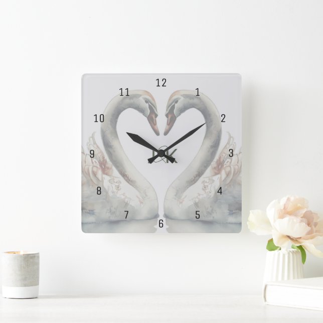Romantische Swans Monogram Quadratische Wanduhr (Zuhause)