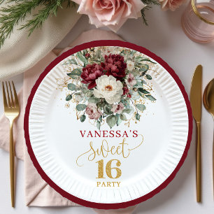 Romantische Sweet 16 Blush Burgunder Florale Telle Pappteller