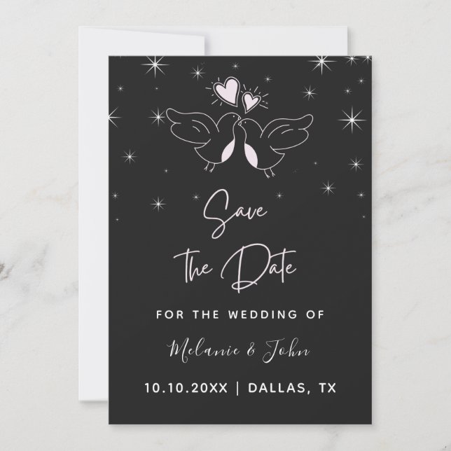 Romantische Tauben Bird Elegante Funkelnd Schwarz  Save The Date (Vorderseite)
