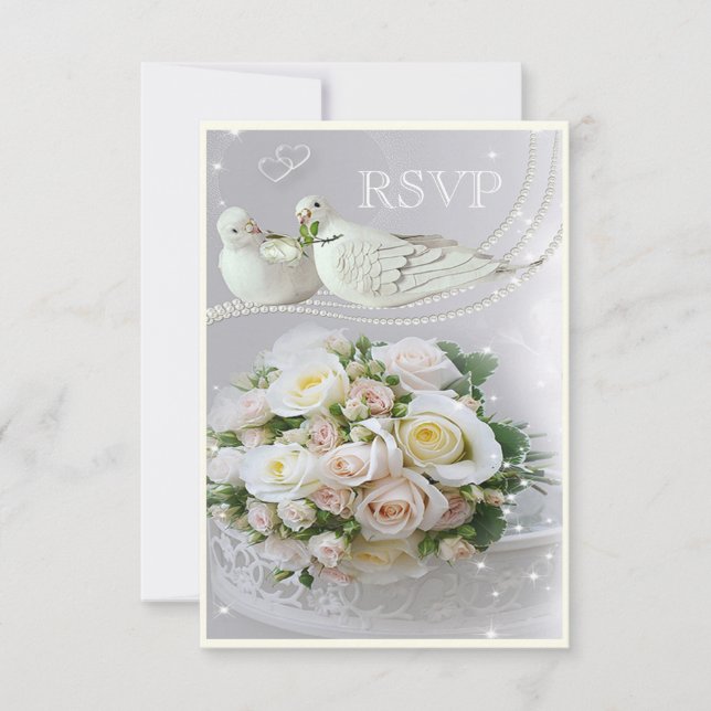 Romantische Tauben, Glitzern & Rose Hochzeit RSVP (Vorderseite)
