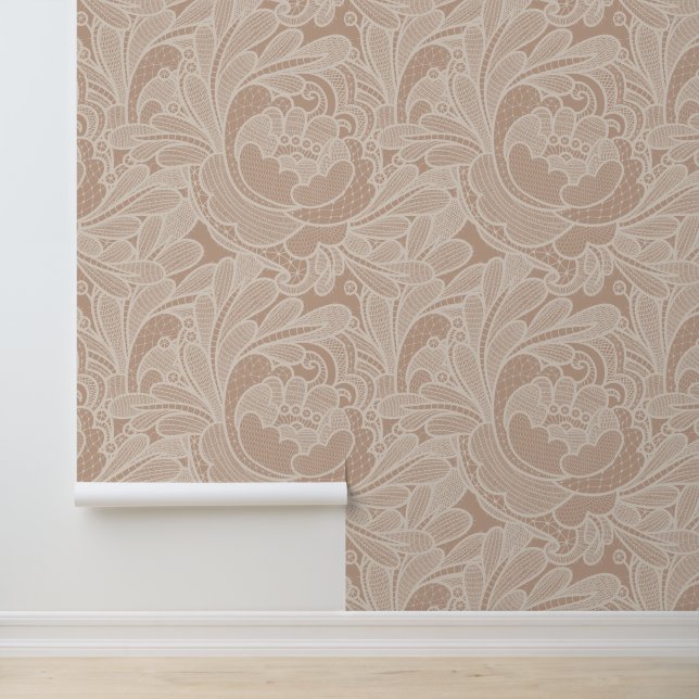 Romantische Taupe Lace Floral Pattern Tapete (Anwendung)