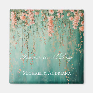 Romantische Teal-Rosa Pfirsichblüten Hochzeit Magnet