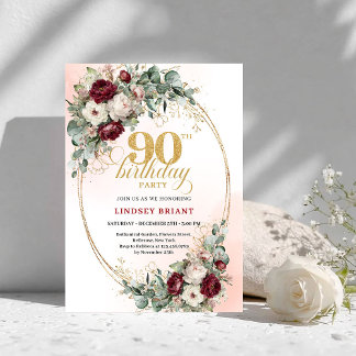 Romantische, tiefrote Blumen mit Goldene 90. Gebur Einladung