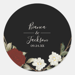 Romantische Tiefrote Rosen Florale Winter schwarze Runder Aufkleber