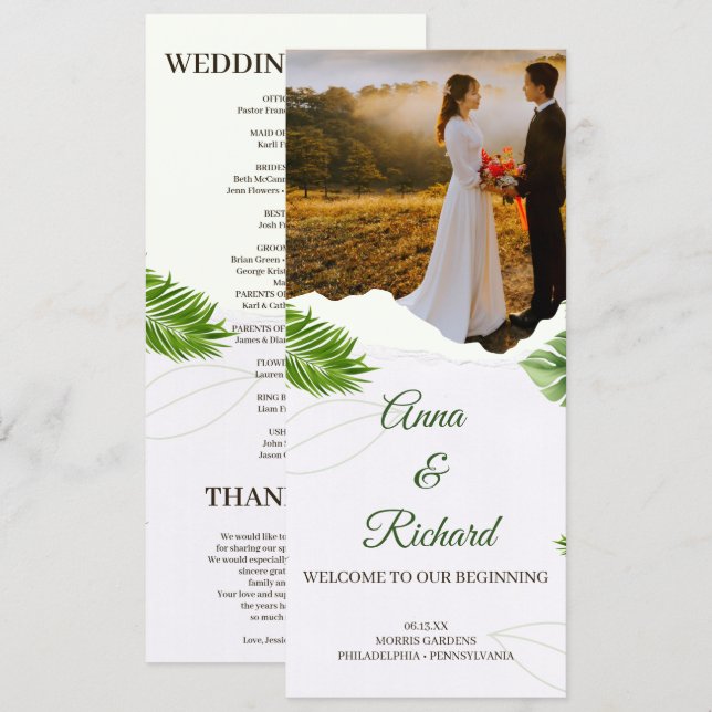 Romantische tropische Hochzeitsprogrammkarte Programm (Vorne/Hinten)
