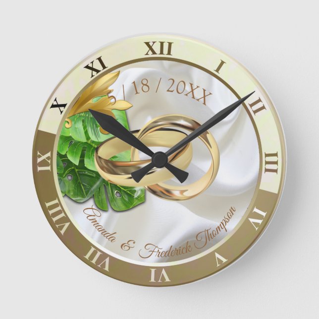 Romantische tropische Hochzeitstipendienzuhr Runde Wanduhr (Vorderseite)