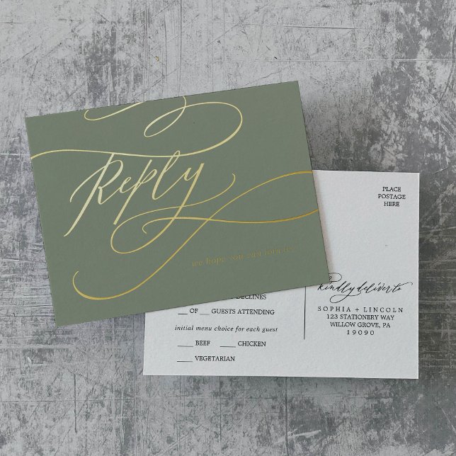 Romantische UAWG für Kalligrafie Folie Einladungspostkarte (Romantic Calligraphy Sage and Gold Foil Meal RSVP Foil Invitation Postcard)