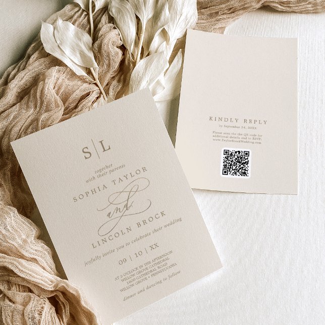 Romantische UAWG Hochzeit des QR-Codes für Goldvor Einladung (Romantic Gold Ivory Monogram QR Code RSVP Wedding Invitation)
