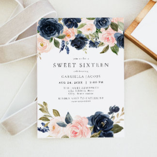 Romantische und süße Navy Blush Bloral Sweet 16 Einladung