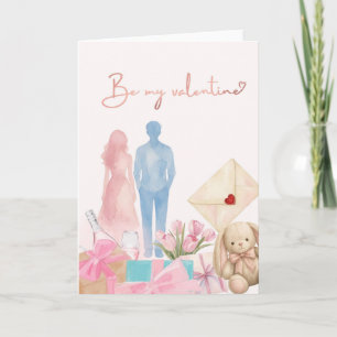 Romantische Valentinskarte mit Paar, Geschenken & Karte