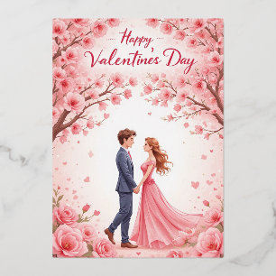 Romantische Valentintagskarte mit Kirschblüten Folien Feiertagskarte
