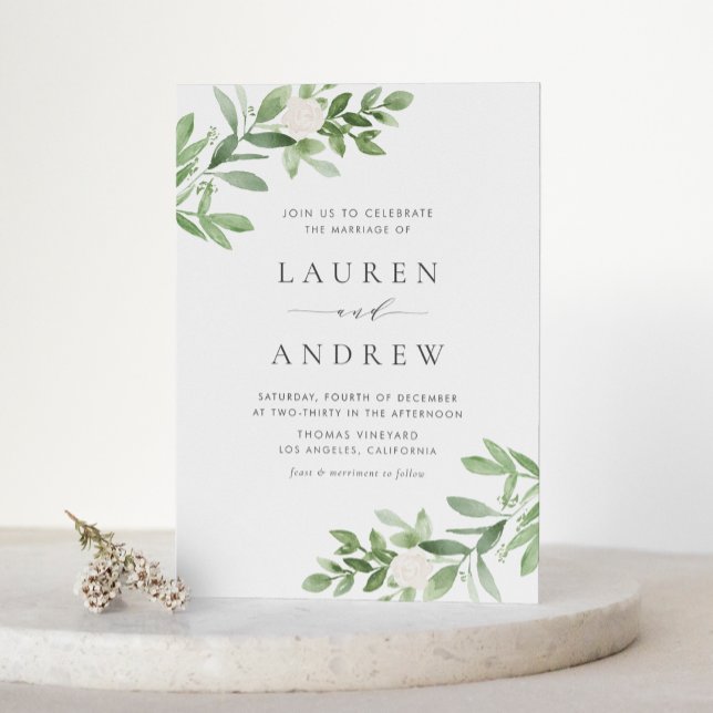 Romantische Vegetation und Blume QR Code Hochzeit Einladungspostkarte (Romantic Greenery and White Flowers QR Code Wedding Invitation Postcard)