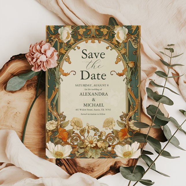 Romantische Verzierte Rahmengrün Hochzeit Save The Date (Von Creator hochgeladen)