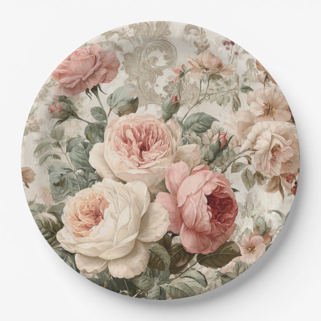 Romantische viktorianische Rose Vintage Pappteller (Vorderseite)