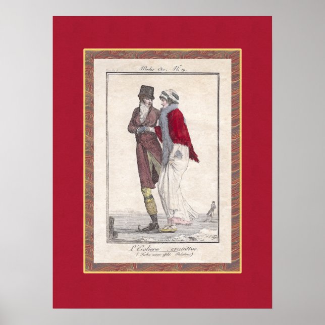 Romantische Vintag Ice Skaten Antique Gravur Poster (Vorne)