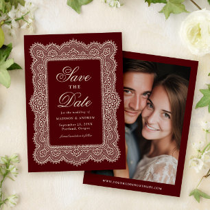 Romantische Vintage-Burgunder-Spitzenhochzeit Save The Date