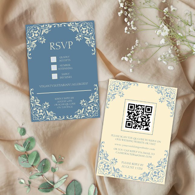 Romantische Vintage Buttergelbe und blaue RSVP-Kar Begleitkarte (Vintage romantic butter yellow and dusty blue wedding rsvp cards with qr code for elegant french)