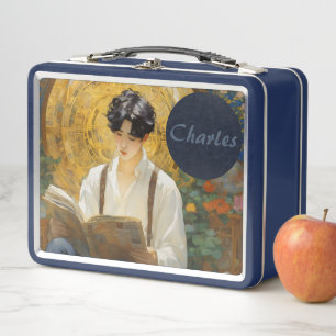 Romantische Vintage-Kunst eines lesenden Jungen Metall Brotdose