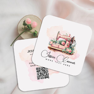 Romantische Vintage Nähmaschine - Aquarellblume Quadratische Visitenkarte