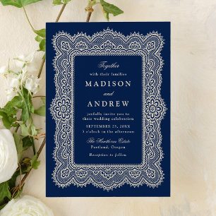 Romantische Vintage-Navy-Spitze-Hochzeit Einladung