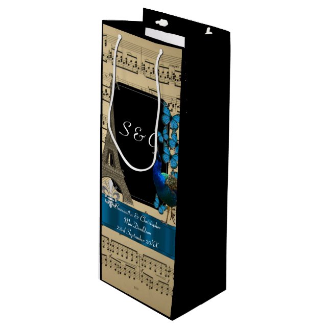 Romantische Vintage personalisierte Hochzeit Paris Geschenktüte Für Weinflaschen (Vorderseite Schrägansicht)