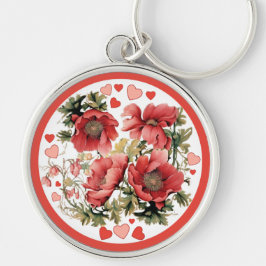 Romantische Vintage Poppies und Herzen Schlüsselanhänger
