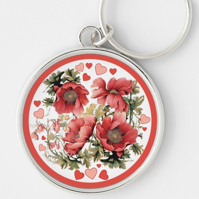 Romantische Vintage Poppies und Herzen Schlüsselanhänger (Vorne)