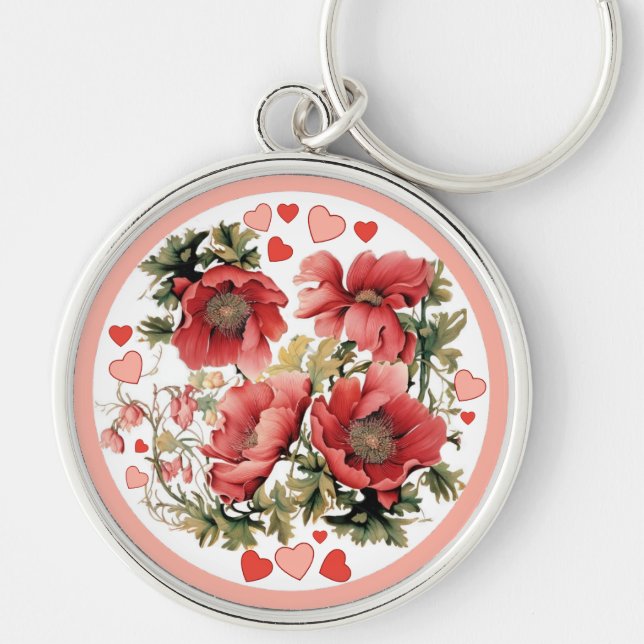 Romantische Vintage Poppies und Herzen Schlüsselanhänger (Vorne)