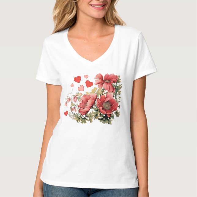 Romantische Vintage Poppies und Herzen T-Shirt (Vorderseite)