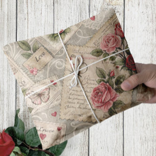 Romantische Vintage-Rosen-Briefe-Schmetterling-Dec Seidenpapier