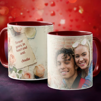 Romantische Vintage-Rosen Liebesbrief Name Foto Tasse