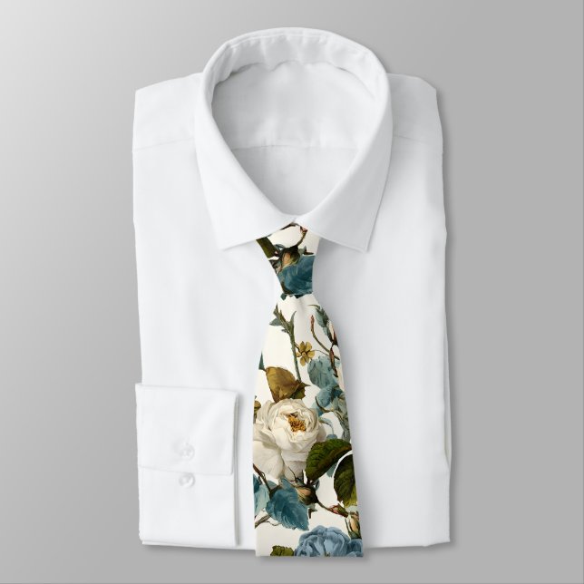 Romantische Vintage-Rosen Weiß Blau  Krawatte (Gebunden)