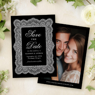 Romantische Vintage-Schwarz-Weiß-Spitze-Hochzeit Save The Date